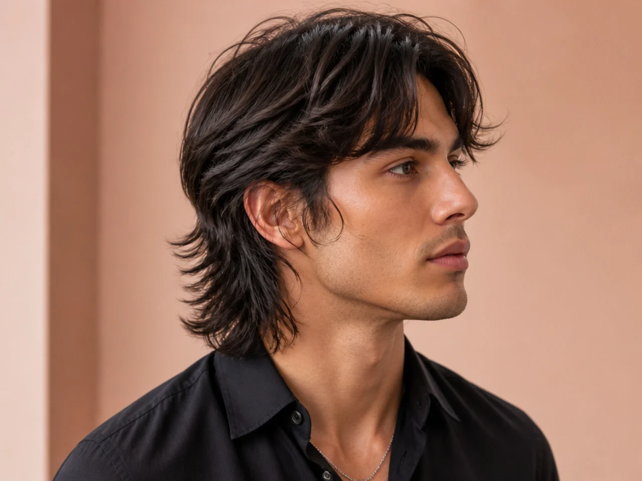 Feathered face-frame mullet on a young man with light face-framing layers at the cheekbone and a soft-layered mullet back