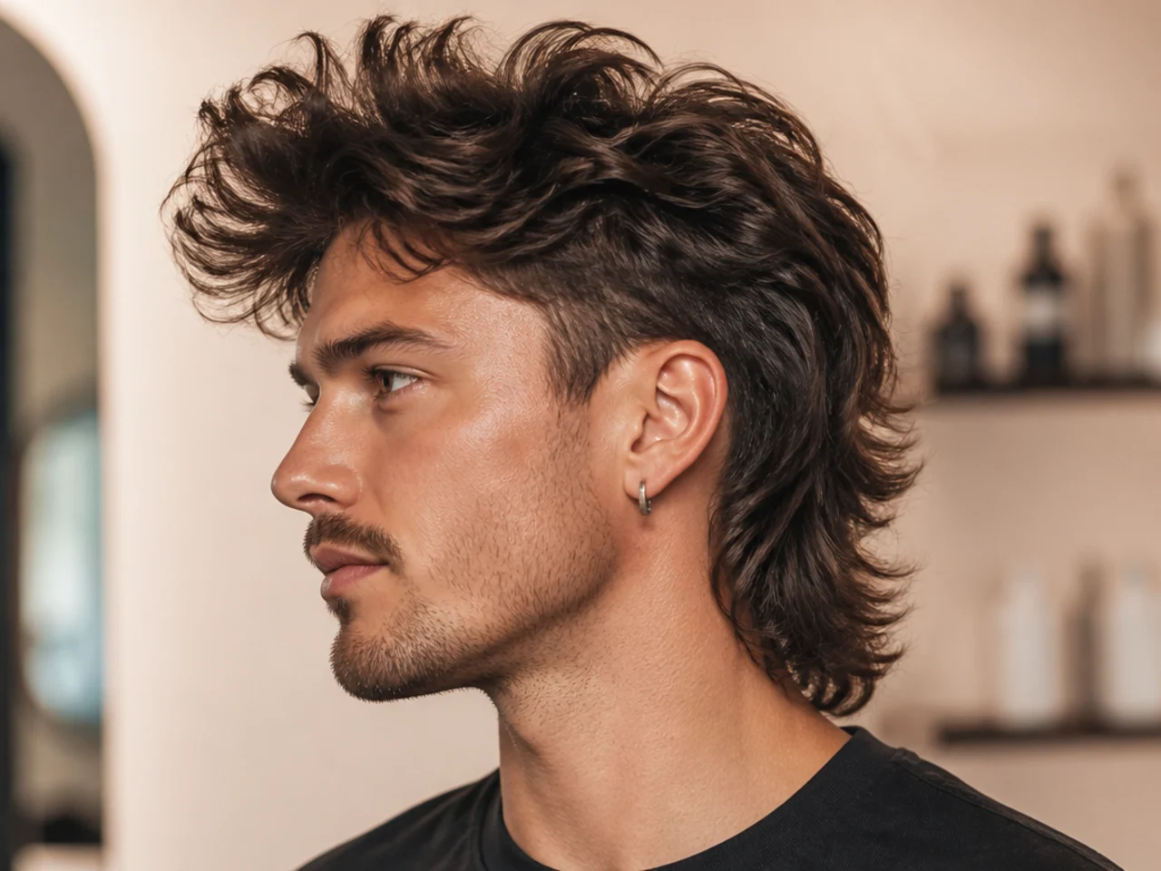 Fluffy high-volume mullet on a young man with a lifted crown, four-inch fluffy top, and a shorter layered mullet back