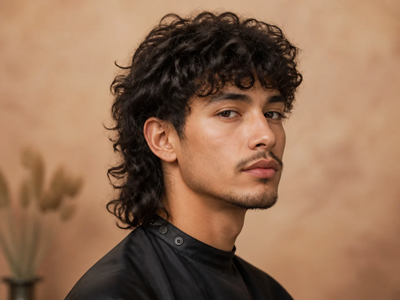 Curly editorial mullet on a young man with defined type-3 curls stacked around the crown and a three-inch curly back