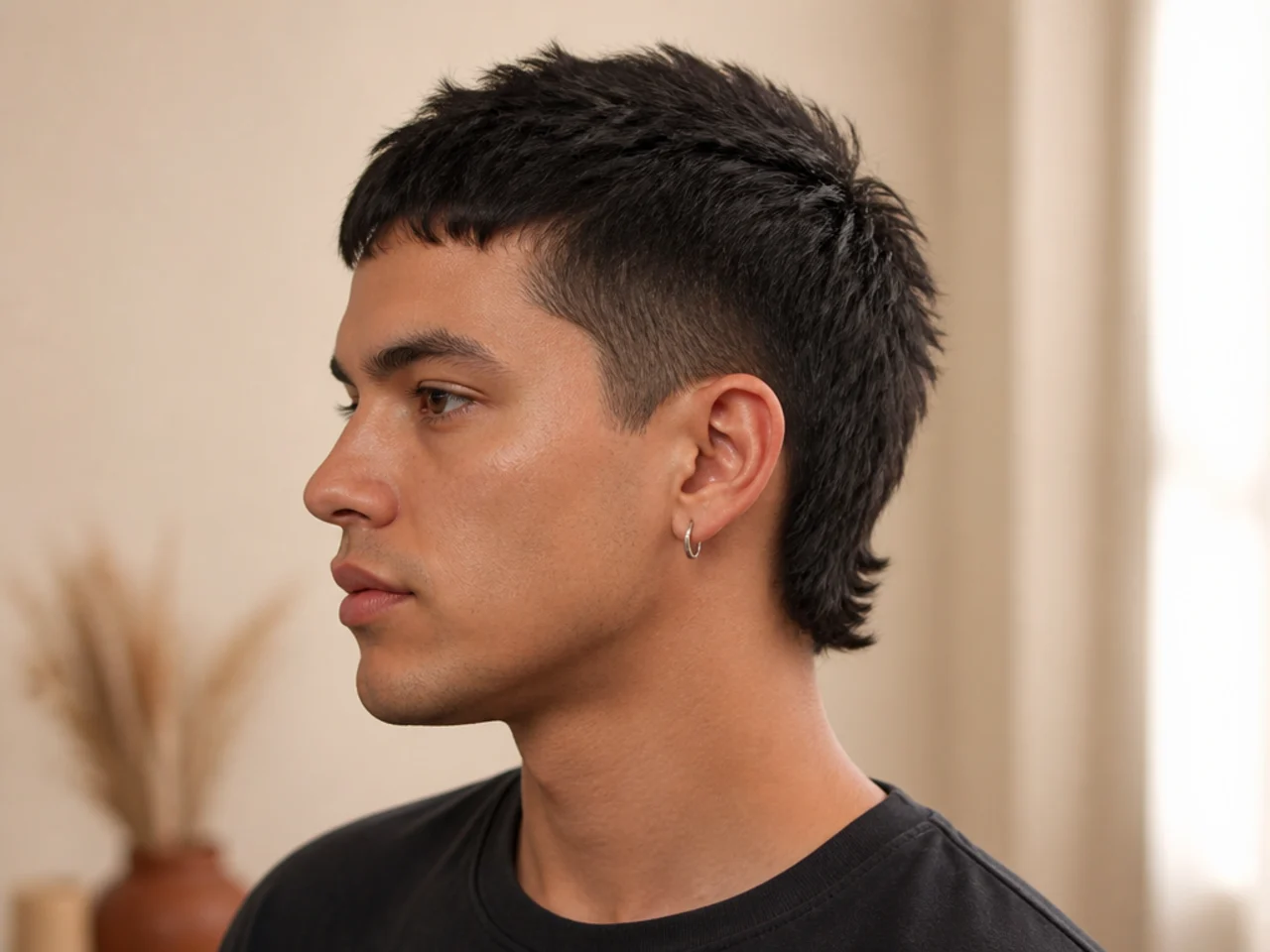 Compact short mullet on a young man with a two-inch top, two-inch back, and clean scissor-blended sides