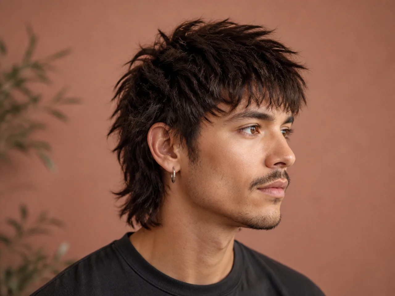 Choppy point-cut mullet on a young man with heavy piecey texture through the top and a shag back at the collar