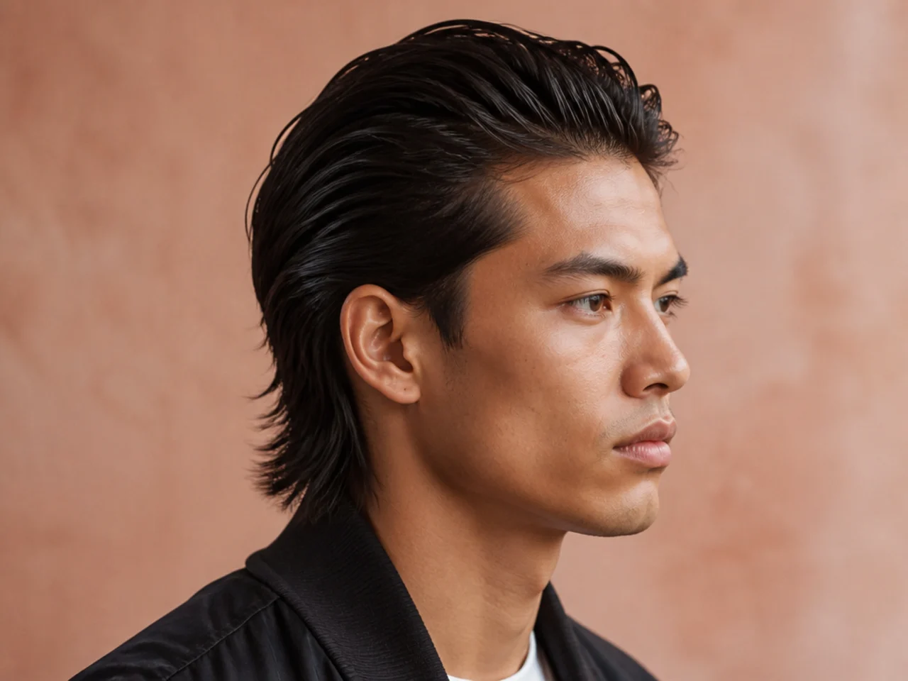 Slicked-back fashion mullet on a man with high-shine pomade sweeping the top back over a four-inch layered mullet nape