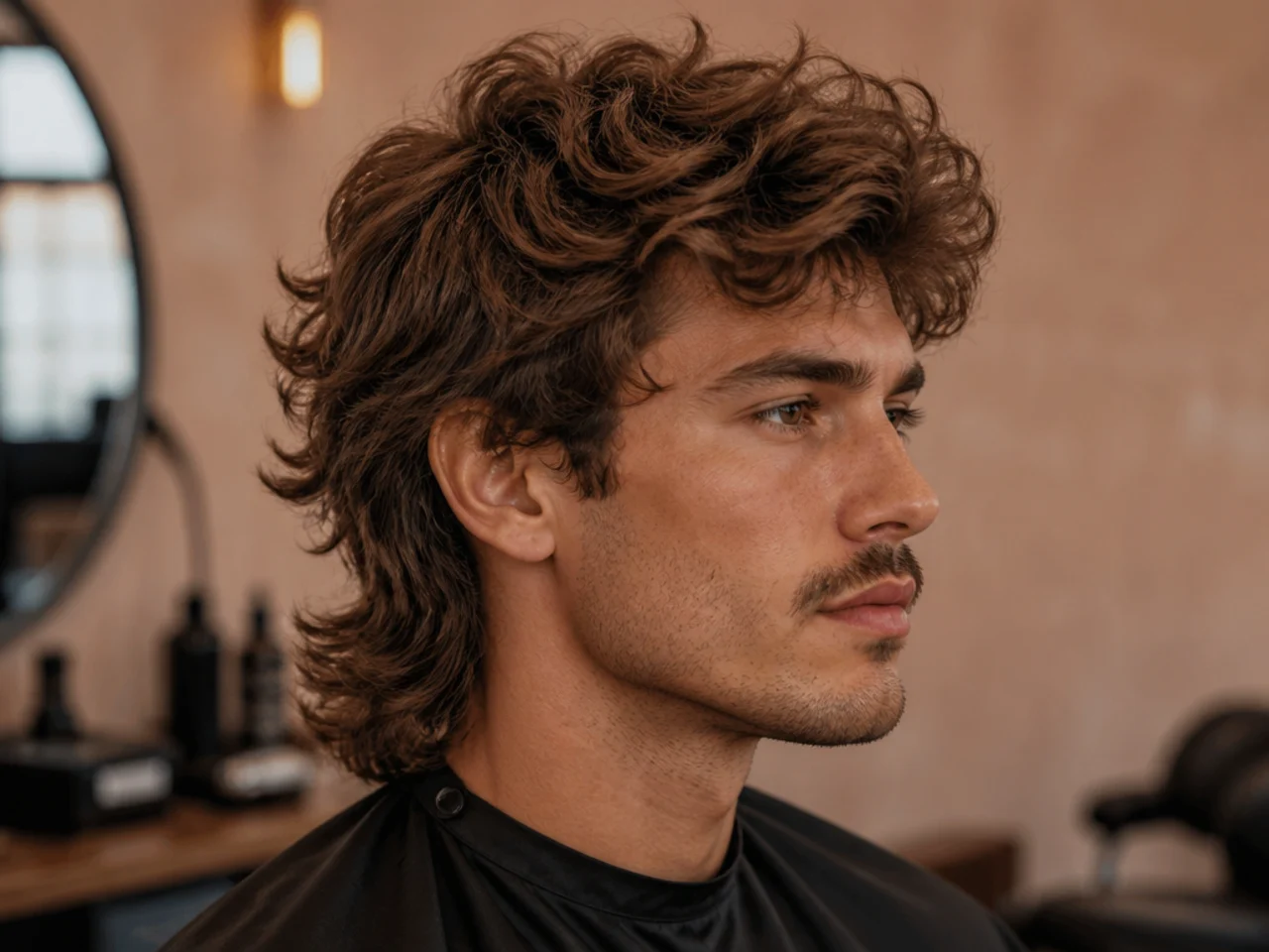Blowout textured mullet on a young man with a brushed-up voluminous crown and a soft layered mullet back at the collar