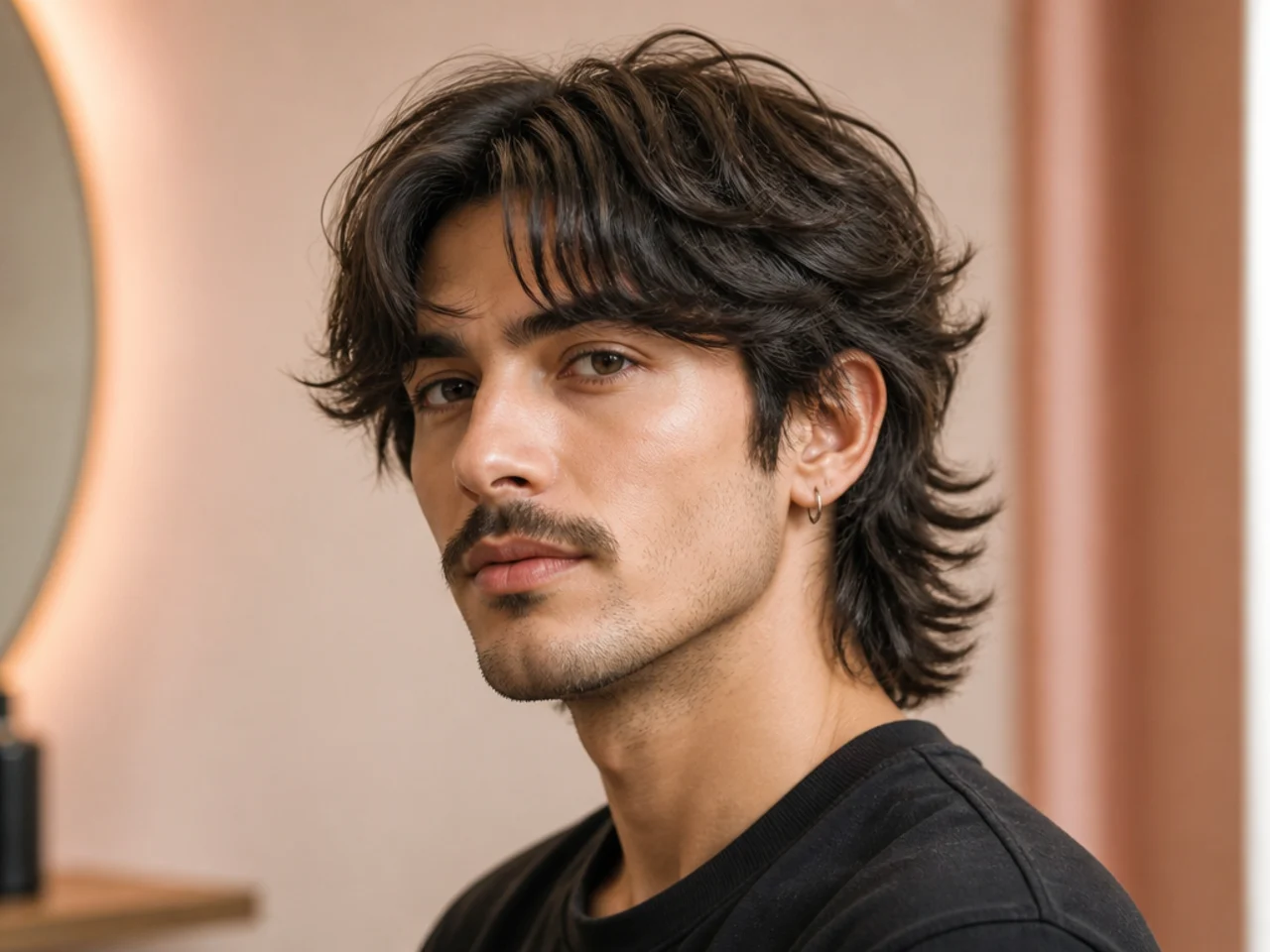 Curtain-fringe mullet on a young man with a soft center-parted fringe falling to the cheekbone and layered shag back at the collar