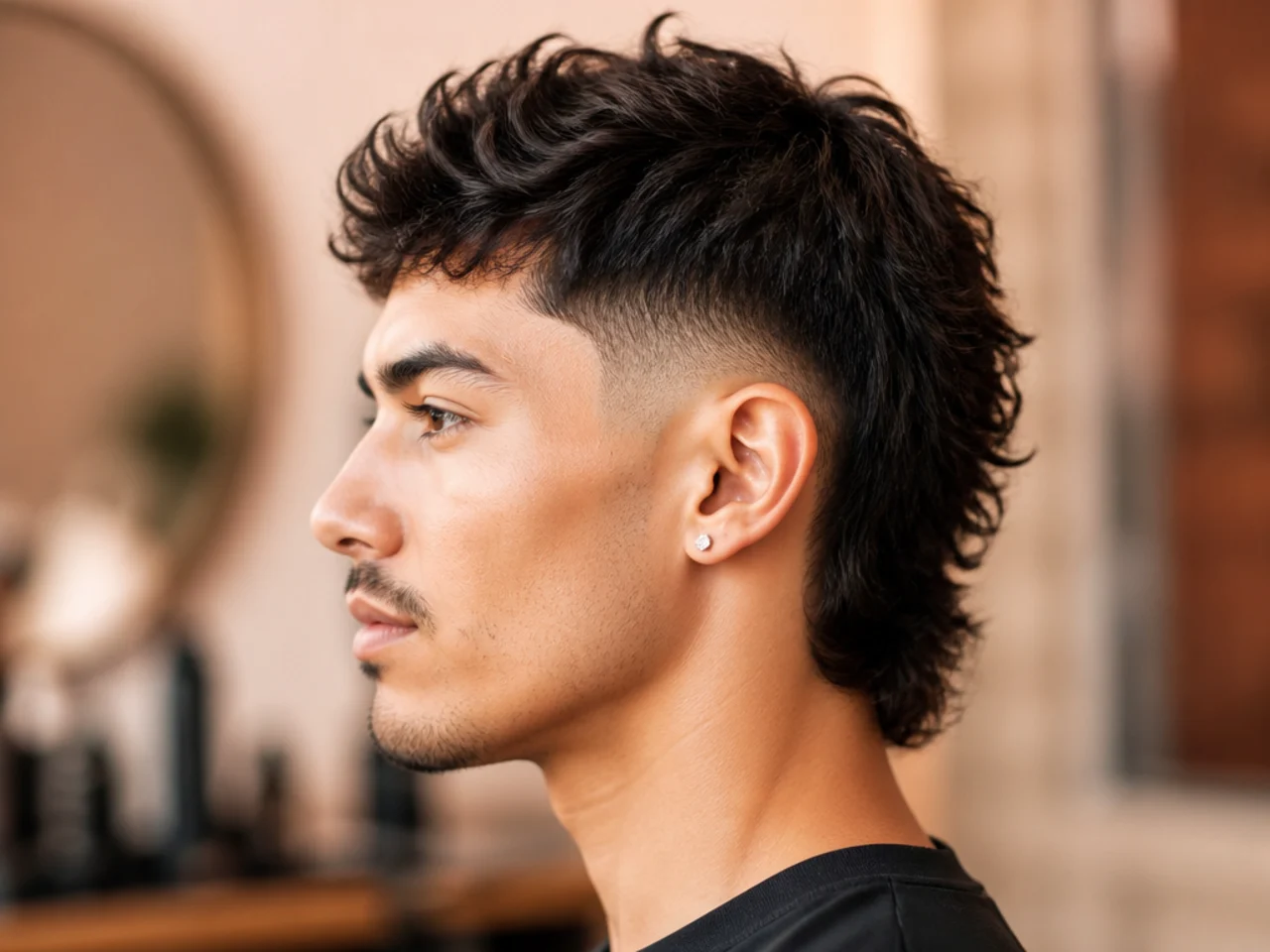 Burst-fade sculptural mullet on a young man with a burst fade curving around the ear and a layered mullet back flowing behind
