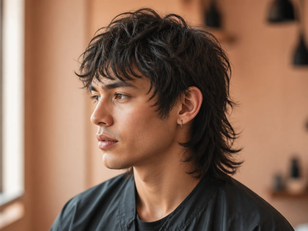 Wolf-cut hybrid mullet on a young man with heavy face-framing layers, choppy point-cut top, and a collar-length shag back