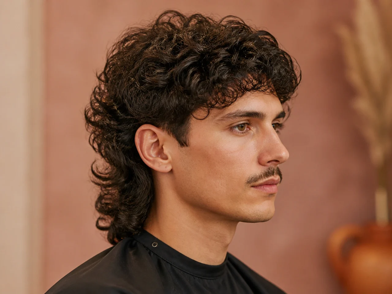 Perm-set signature mullet on a young man with a defined C-curl fringe and body-permed layers running through the shag back