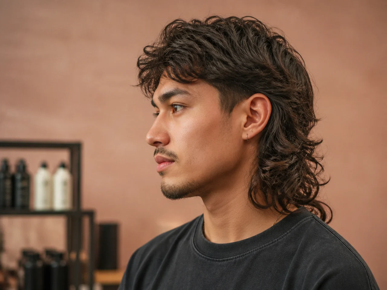 Young man in a barber chair showing a phone reference photo of a stylish mullet to a barber during consultation