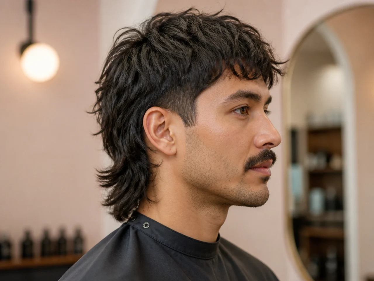 Stylish mullet styling essentials — round brush, matte clay, sea-salt spray, curl cream, and light hairspray on a warm cream surface