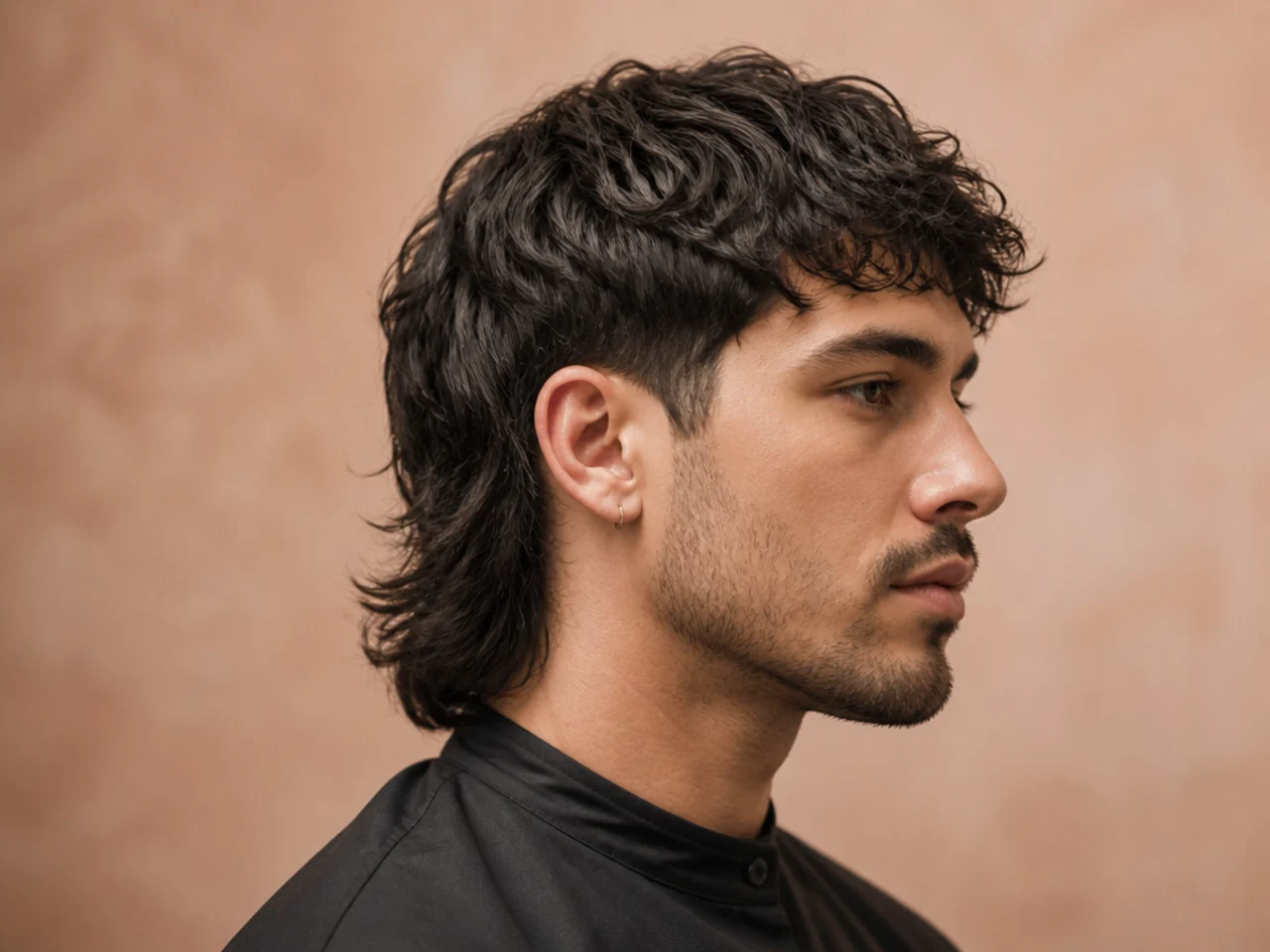 Side-profile view of a stylish mullet showing textured internal layers, a soft forward fringe, and a feathered back at the collar