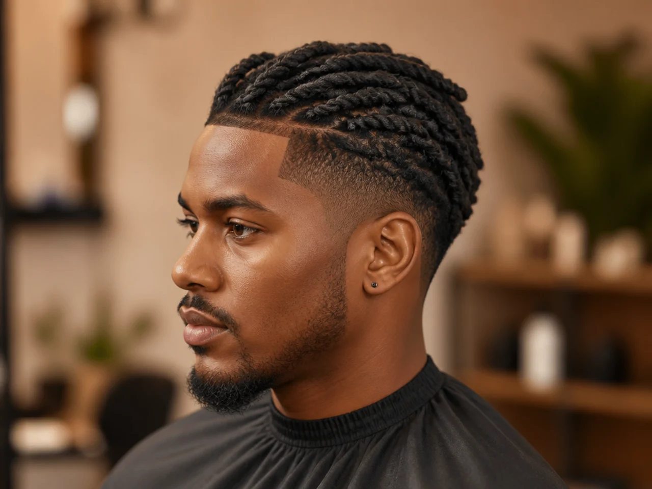 Mature retwisted locs with a low taper fade at the sides and sharp line-up
