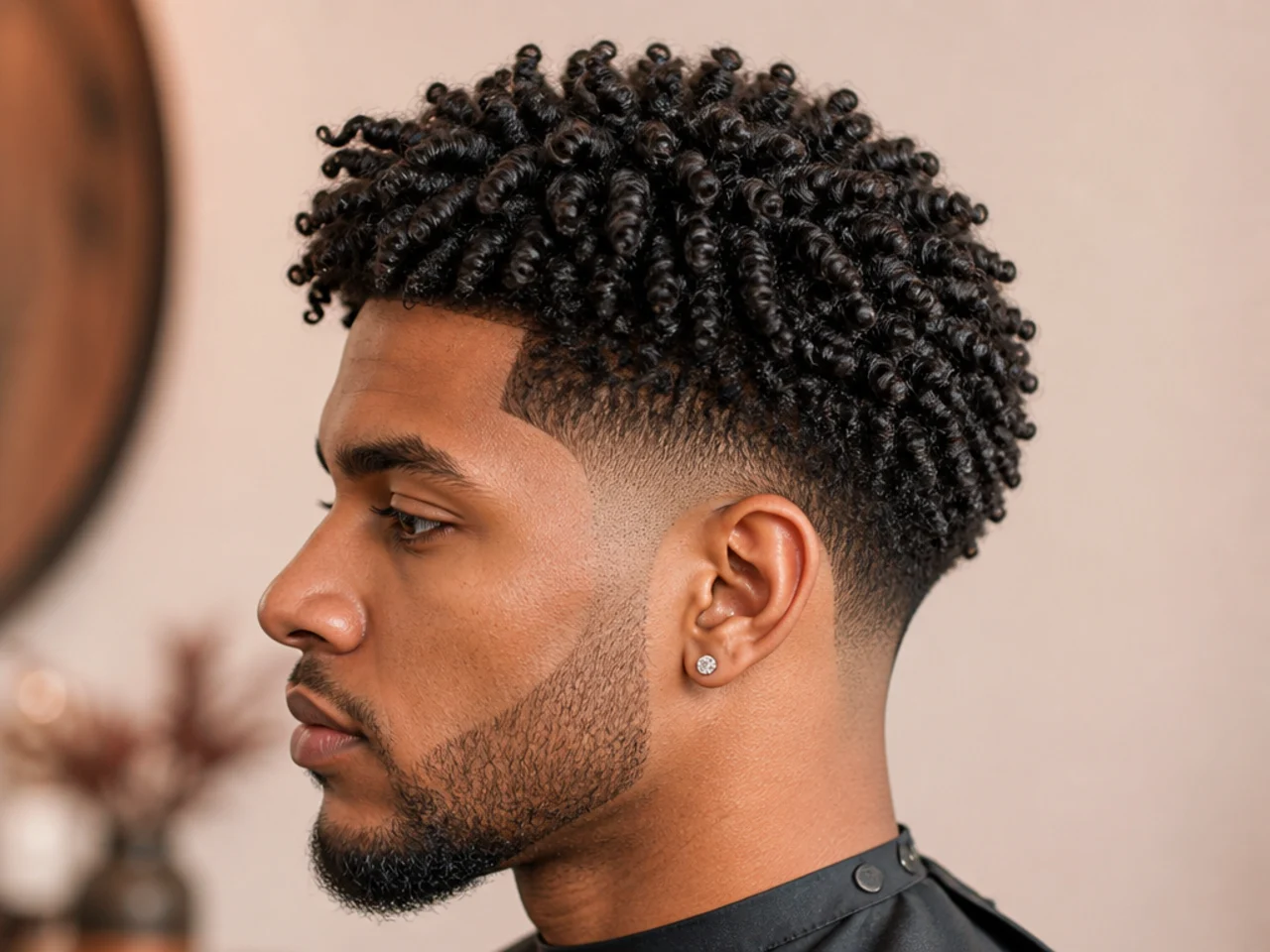 Defined twist-out on 4B hair with visible S-pattern and low taper fade at the sides