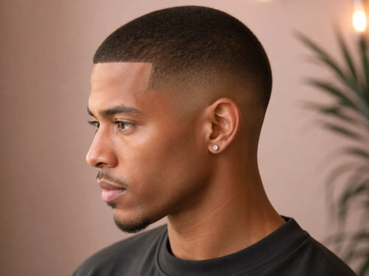 Buzz cut on 4A hair with a low taper fade at the sides and sharp line-up