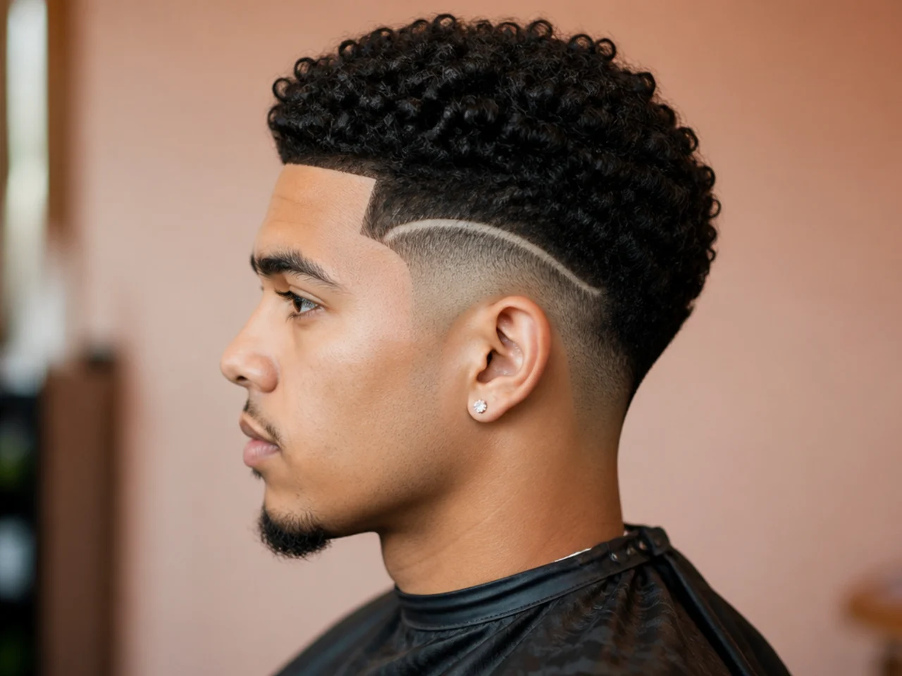 Taper fade with a razored hair design in the side panel and 4B texture on top