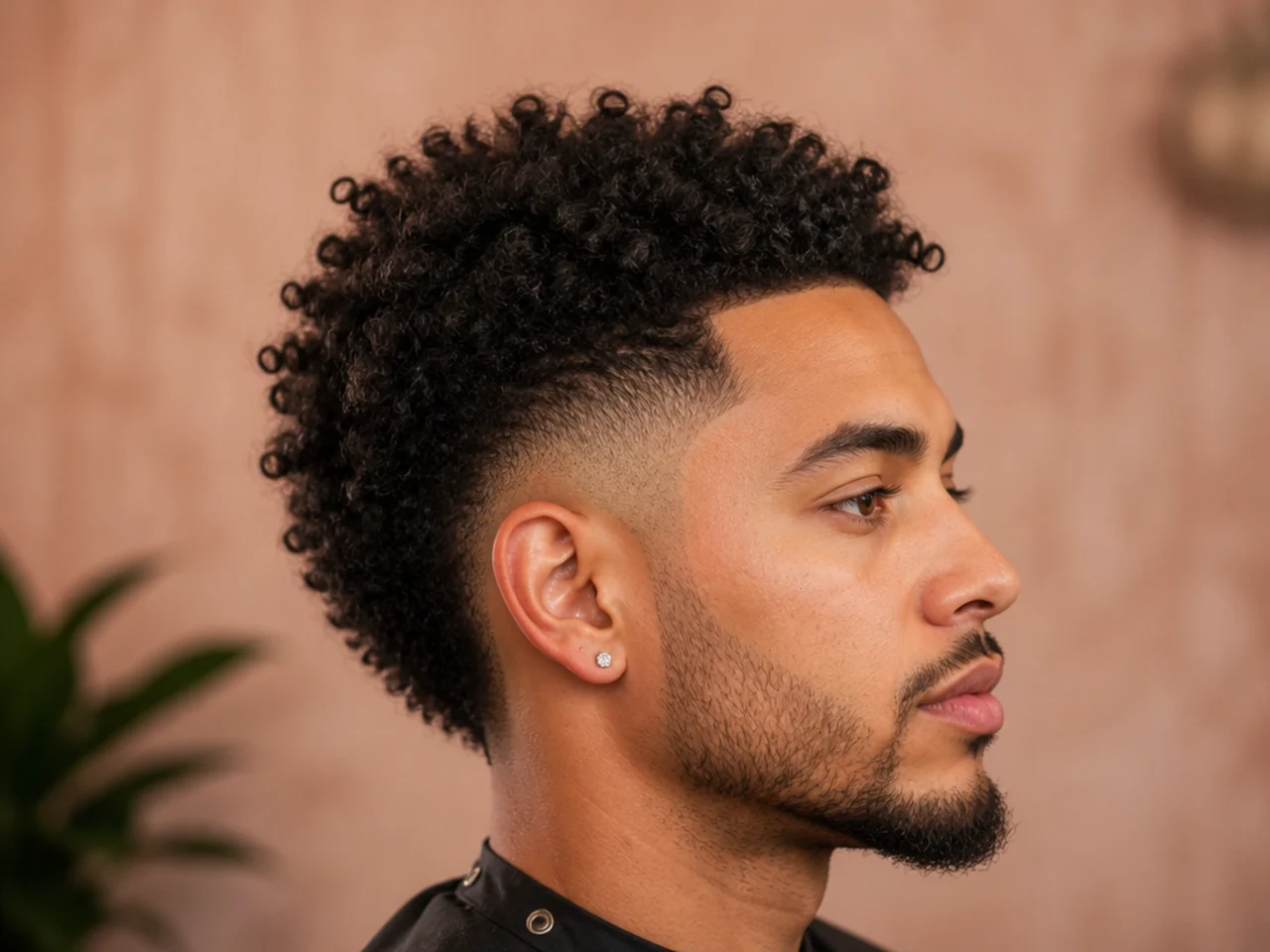 Curly frohawk with a strip of 4B texture running crown to forehead and a taper fade on both sides