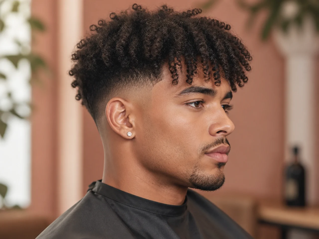 Coily fringe falling past the brows on 4A hair with a low taper fade at the sides