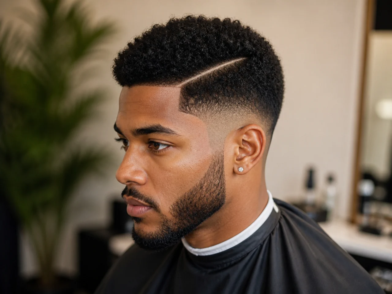 Deep side part with a razored hard part on 4A hair and low taper fade at the sides