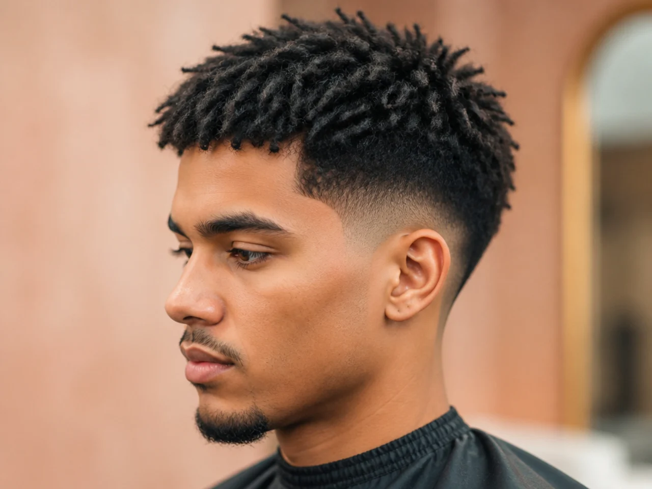 Short textured crop on 4A hair with a low taper fade at the sides and sharp line-up