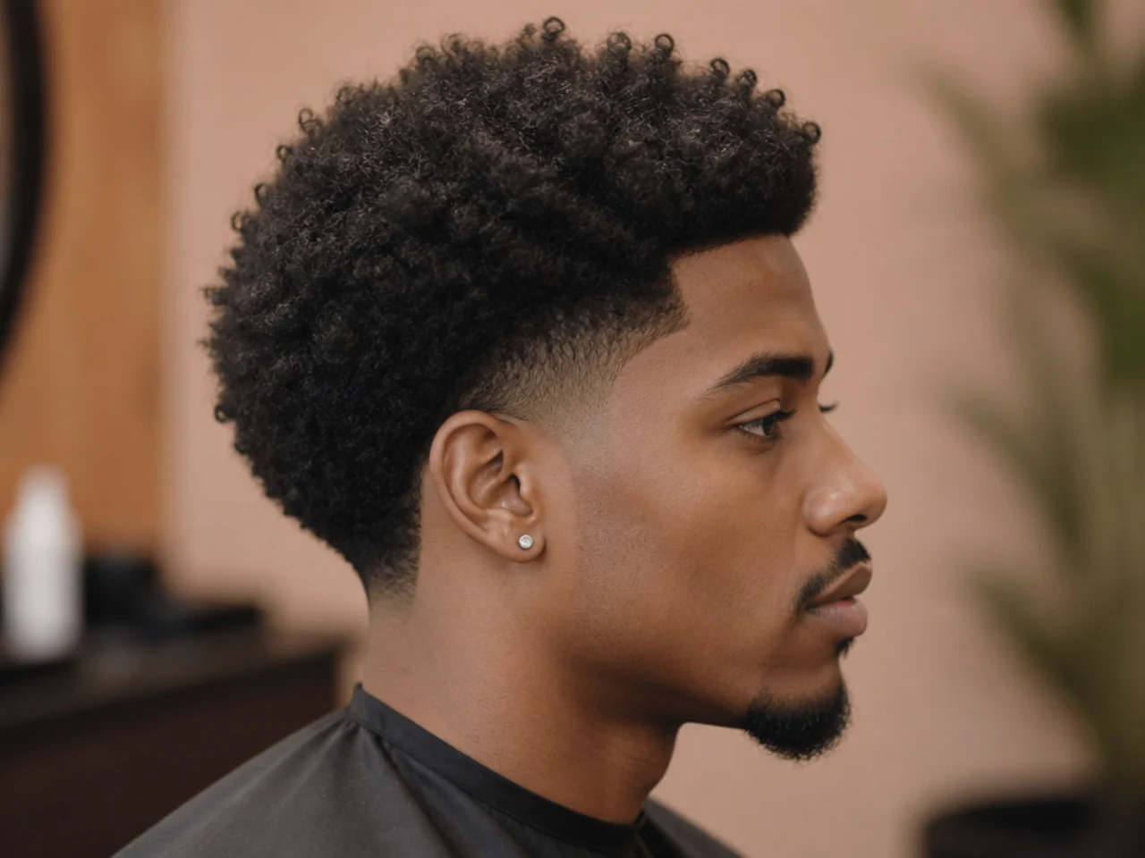 Mid taper fade with three inches of natural 4B afro on top and a soft blend at the temple