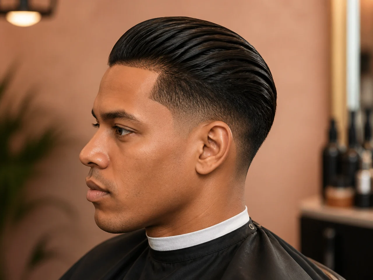 Slicked-back styling on relaxed hair with a low taper fade at the sides