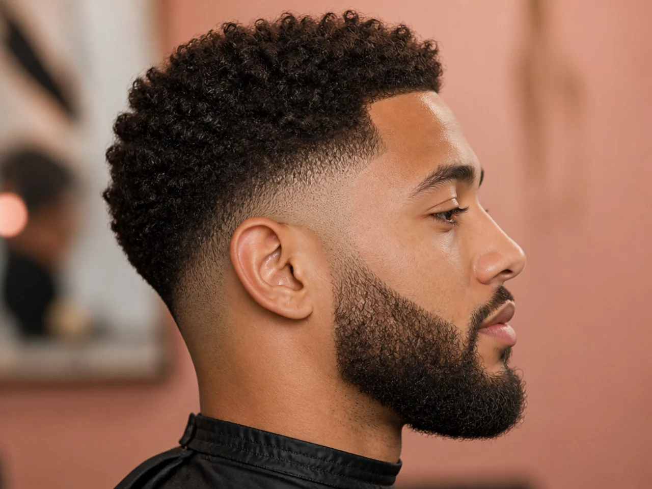 Taper fade with the sideburn blending seamlessly into a full beard on textured hair