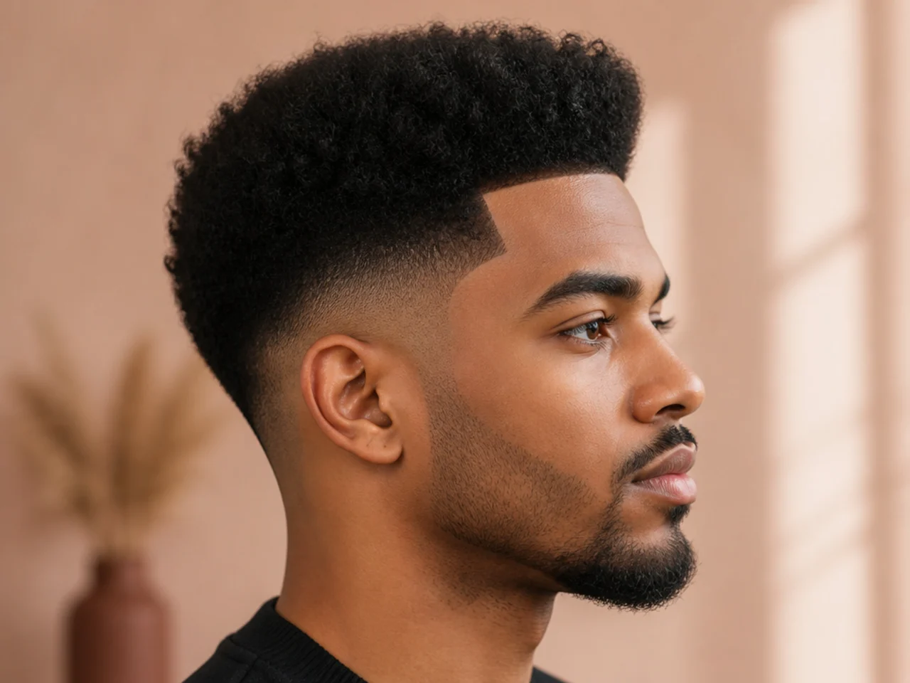 High top fade with dense 4B texture standing five inches tall and a taper at the sides