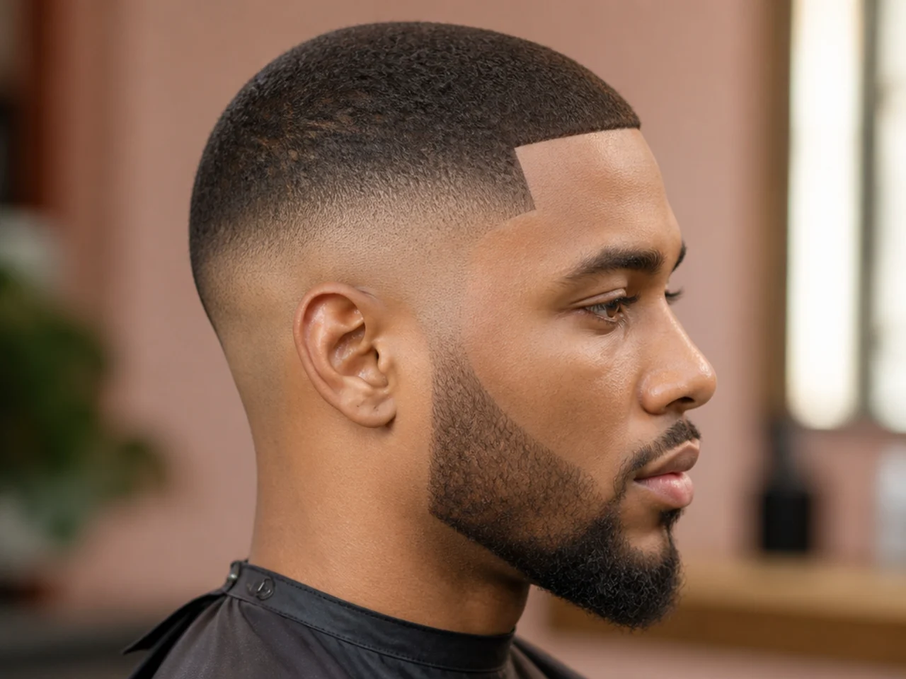 Bald taper fade with sharp razor line-up at the forehead and mid-length coils on top