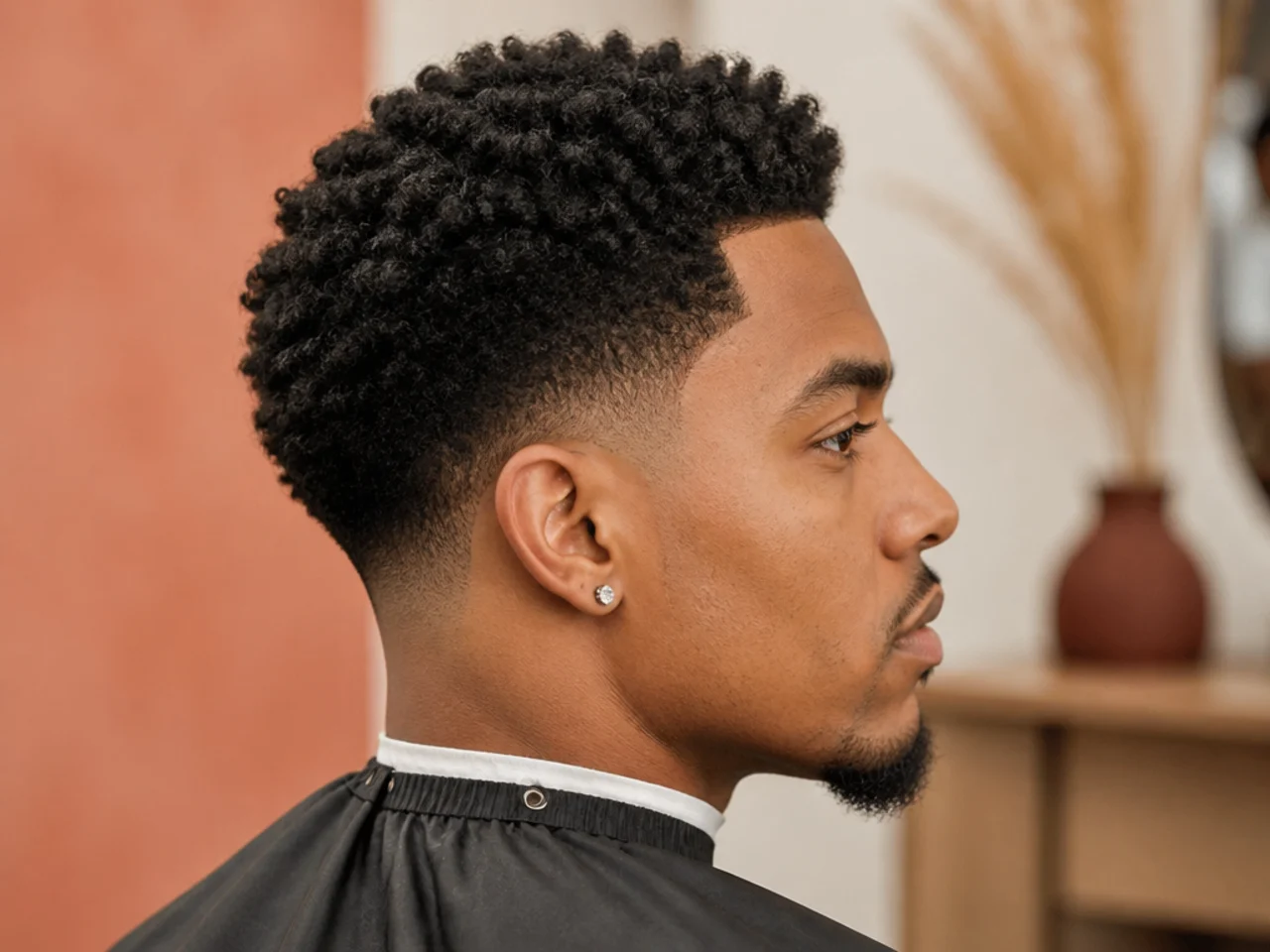 Drop taper fade with the perimeter curving behind the ear on 4C coily hair
