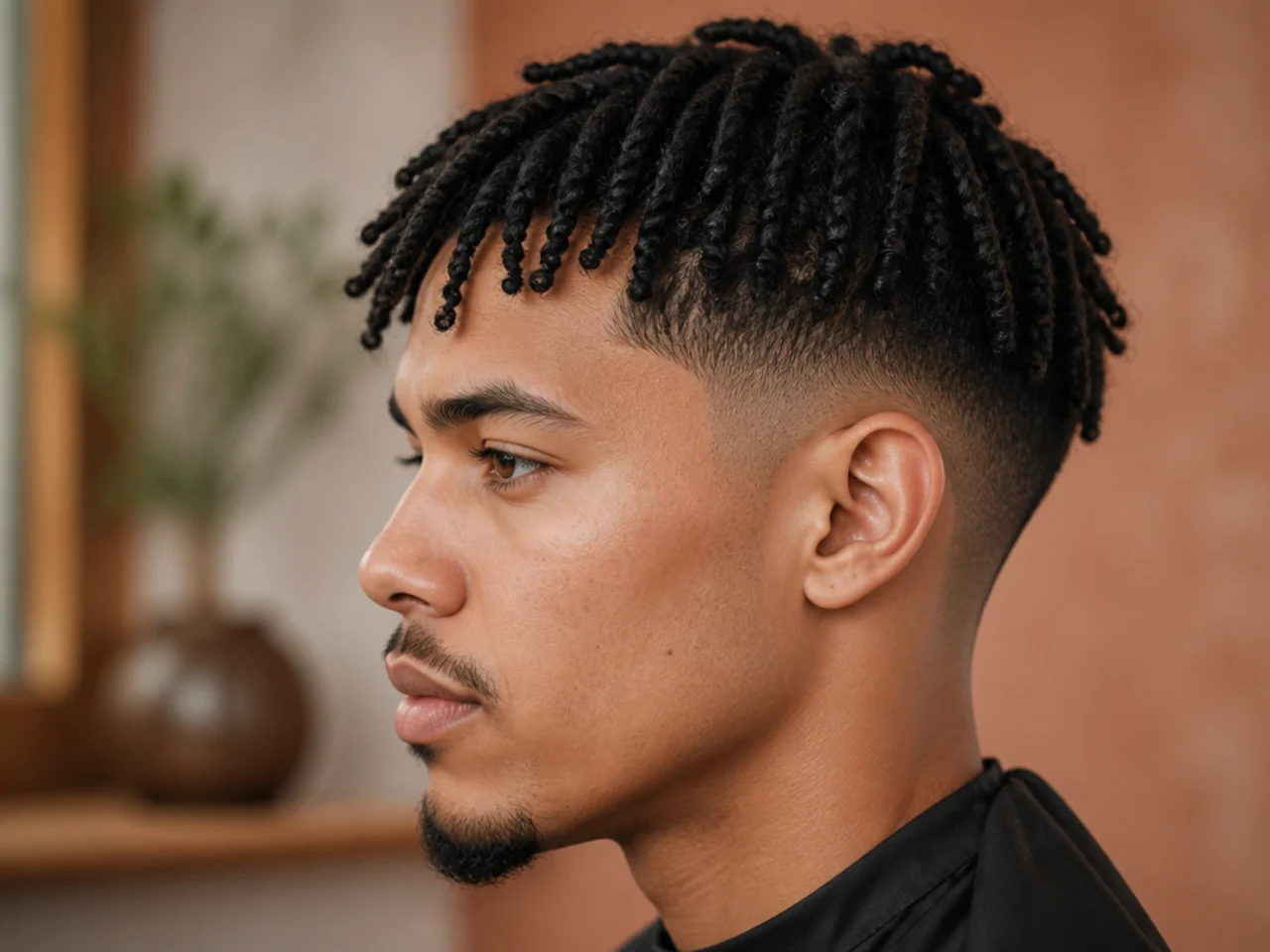 Taper fade with two-strand twists on top forming defined coil pattern