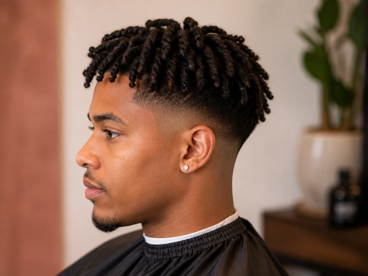 Mid taper fade with two-strand twists on top of the crown on 4A hair