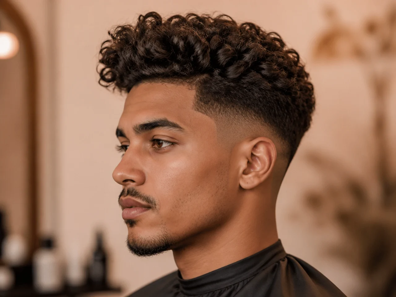 Low taper fade with a three-inch 3C curly quiff swept up and forward at the front