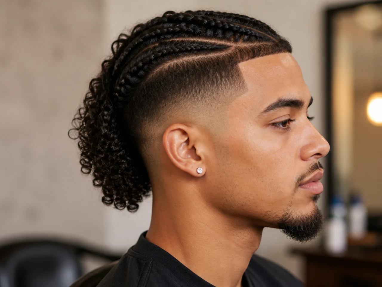 High taper fade with short cornrows braided at the front of the crown and curly texture left loose at the back with a high taper on the sides