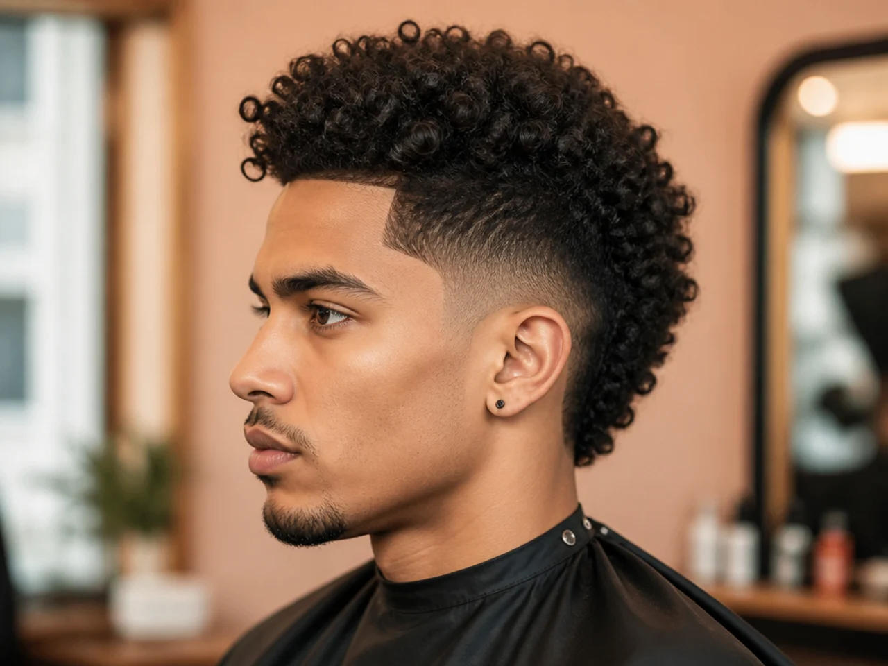 Curly faux hawk on 3C hair narrowed to a central strip and a mid taper fade dropping cleanly at the sides