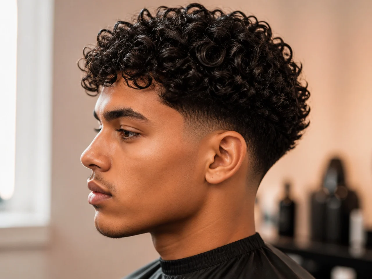Low taper fade with two inches of glossy wet-look defined 3C curls on top