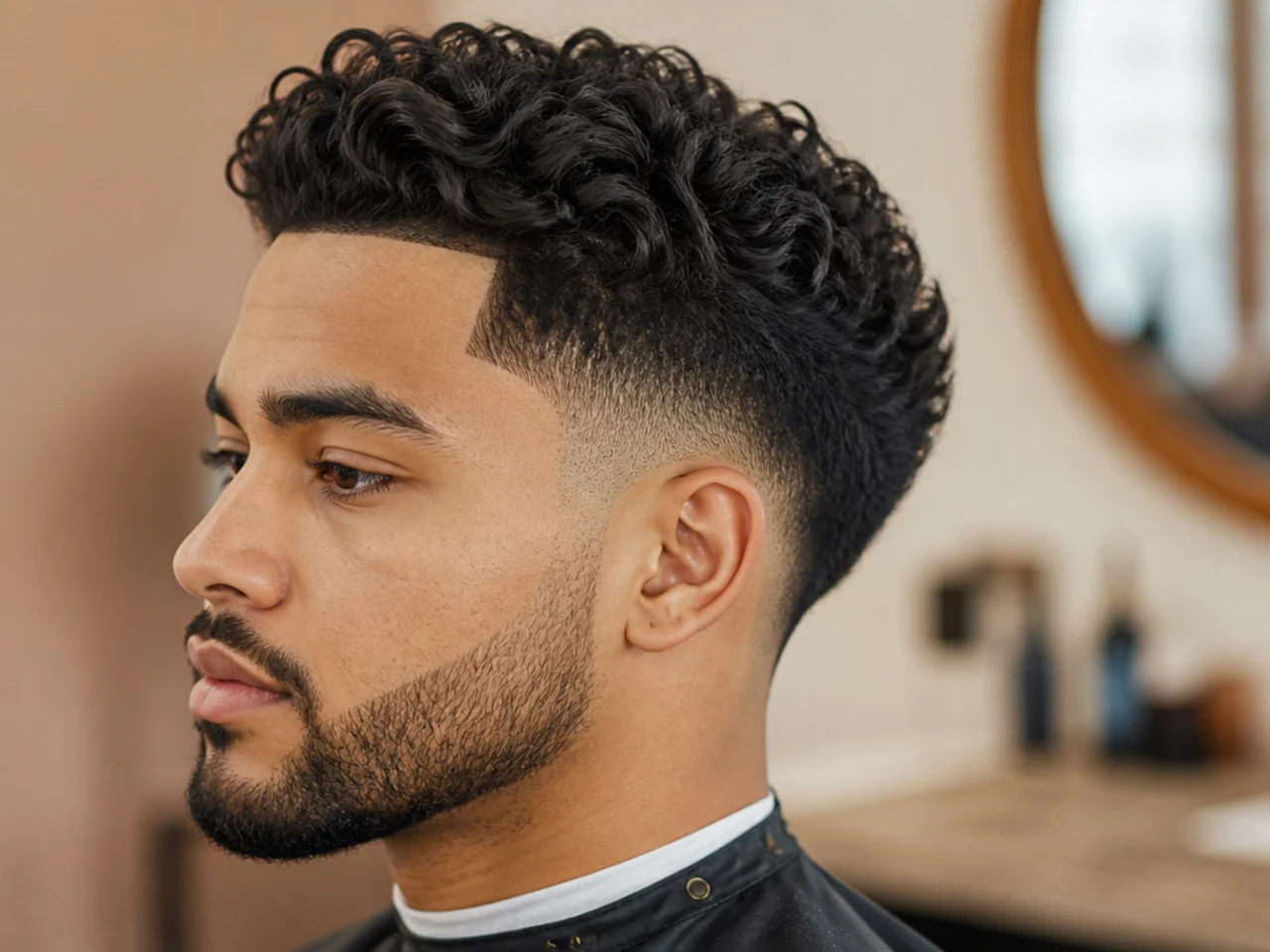 Mid taper fade with three inches of 3C curls parted on the left and swept over to the right in a curly comb-over