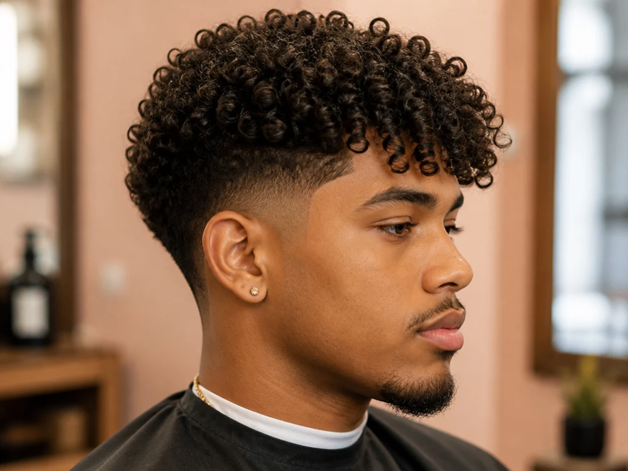 Low taper fade with a two-inch 3C curly textured fringe pushed forward across the forehead