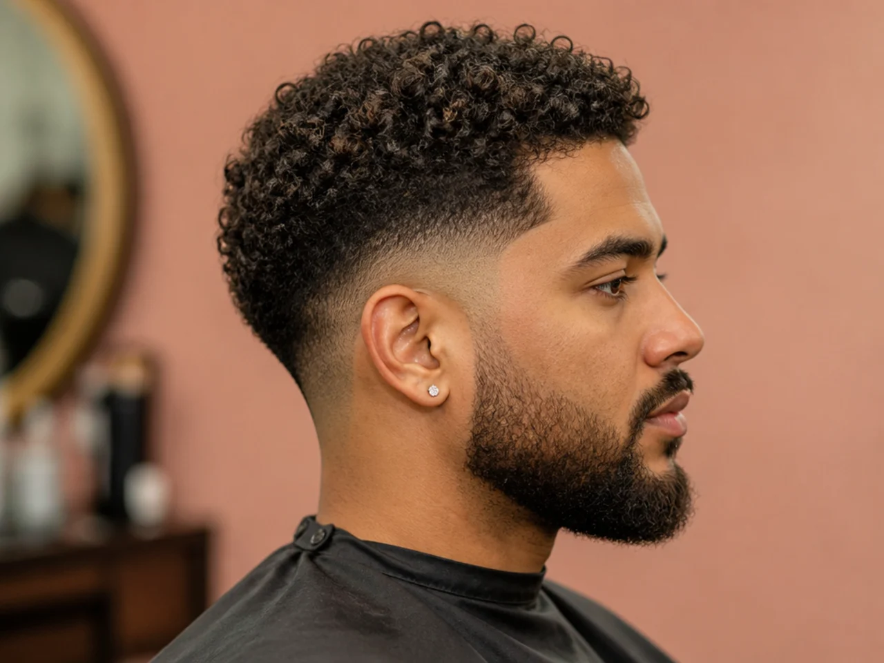 Mid taper fade with two and a half inches of 4A curls on top and a matched full beard tapered to blend seamlessly at the sideburn