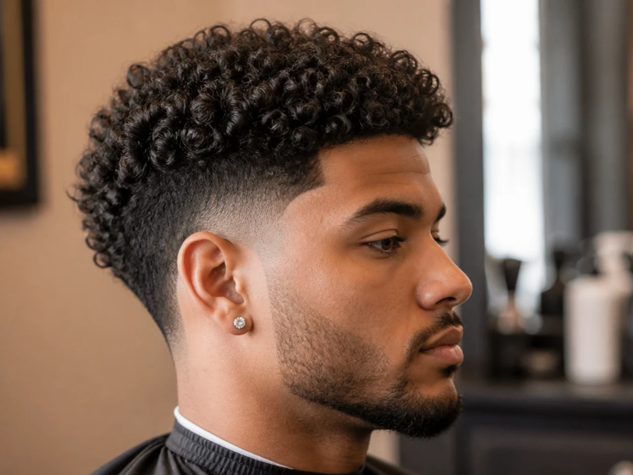 Low taper fade with three and a half inches of 3C curls on top for exaggerated top-to-side contrast