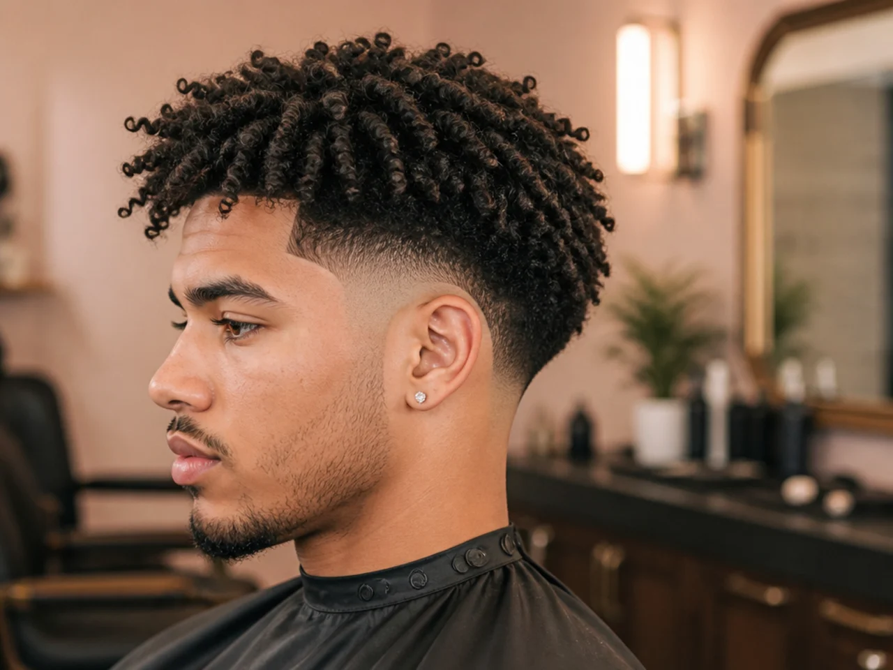 Mid taper fade with a twist-out on two and a half inches of 4A curls showing defined elongated S-coils
