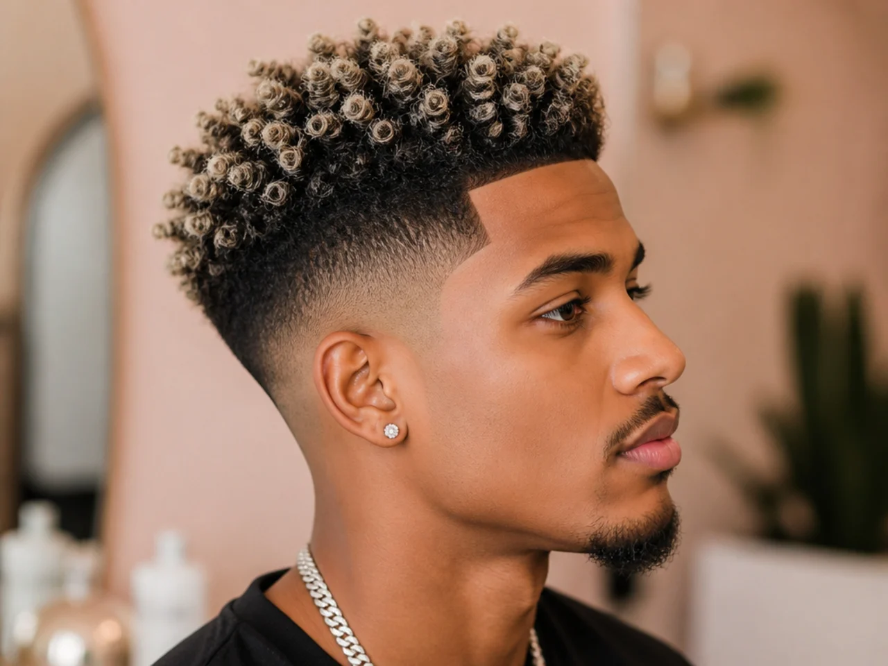 Two and a half inches of 3C curls with frosted blonde tips over dark roots and a high taper fade on the sides
