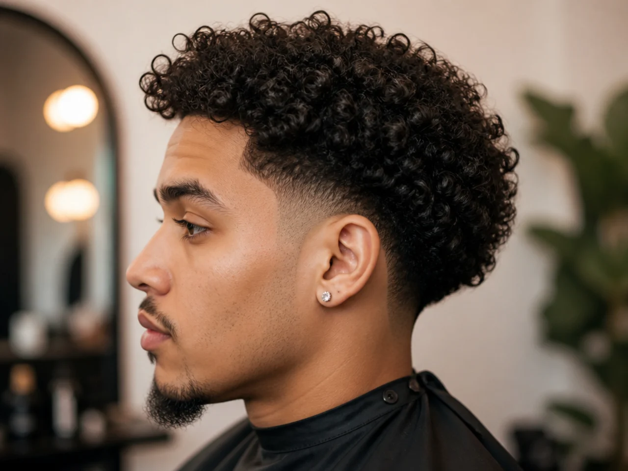 Low drop taper fade with the transition line arcing behind the ear and two and a half inches of loose 3C curls on top