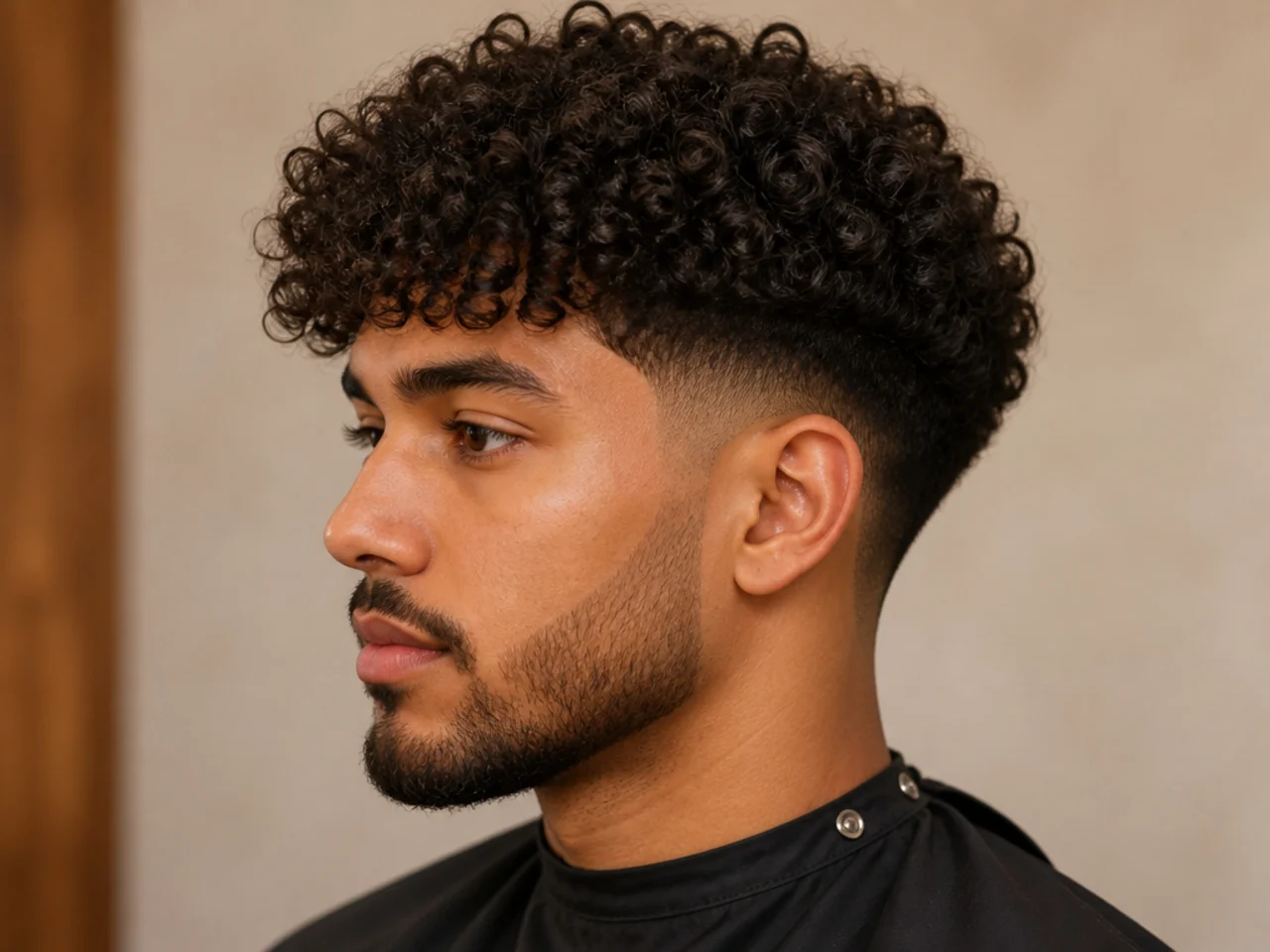 Mid taper fade with the front pieces of a three-inch 3C curly top left long enough to fall past the brows as a soft fringe