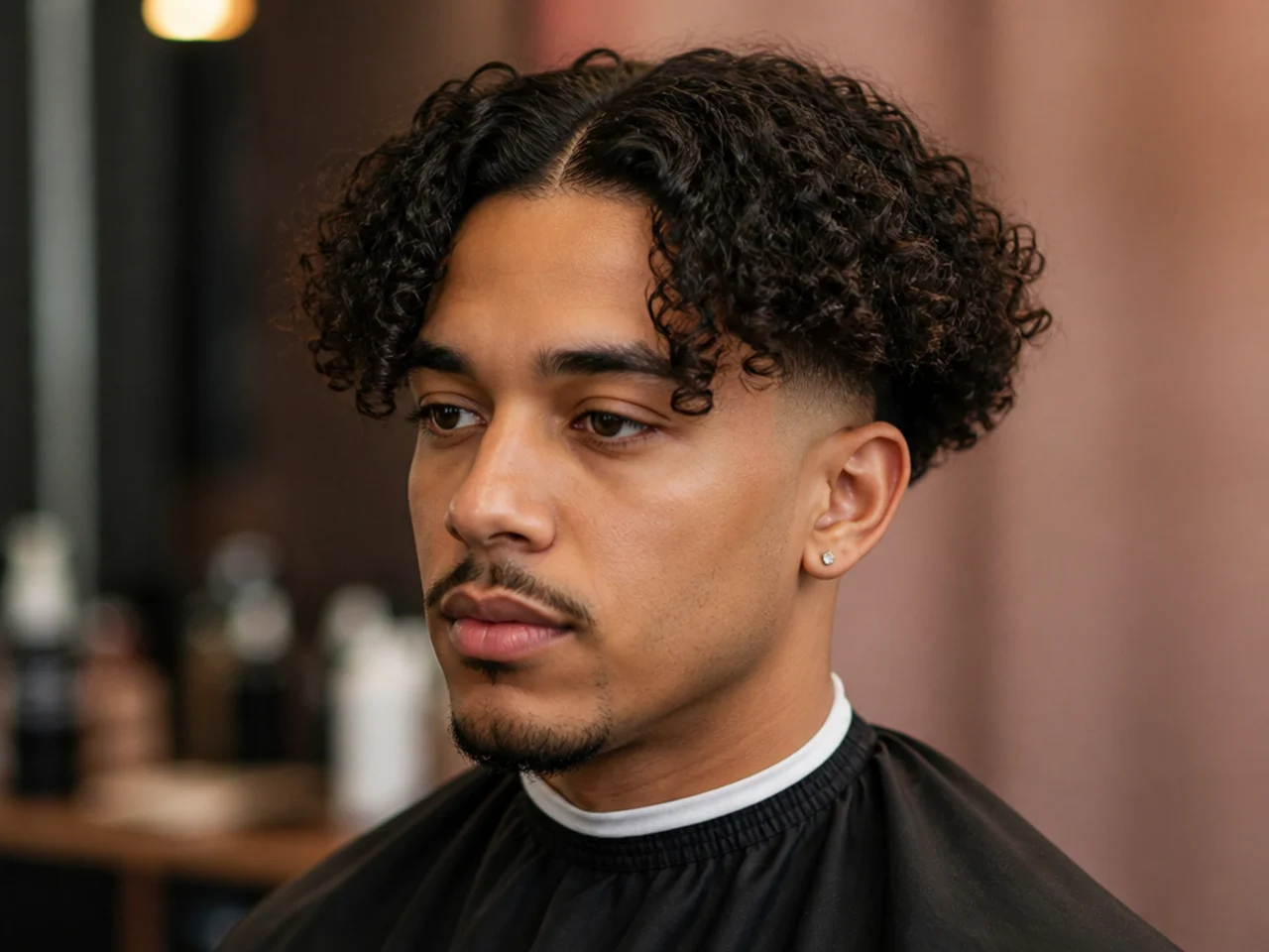 Low taper fade with three inches of 3C curls split into a natural middle part on both sides of the crown