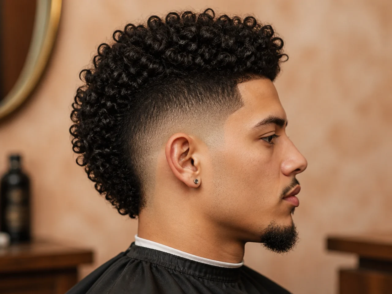 High taper fade with three inches of 4A curls narrowed toward the crown into a soft curly mohawk silhouette