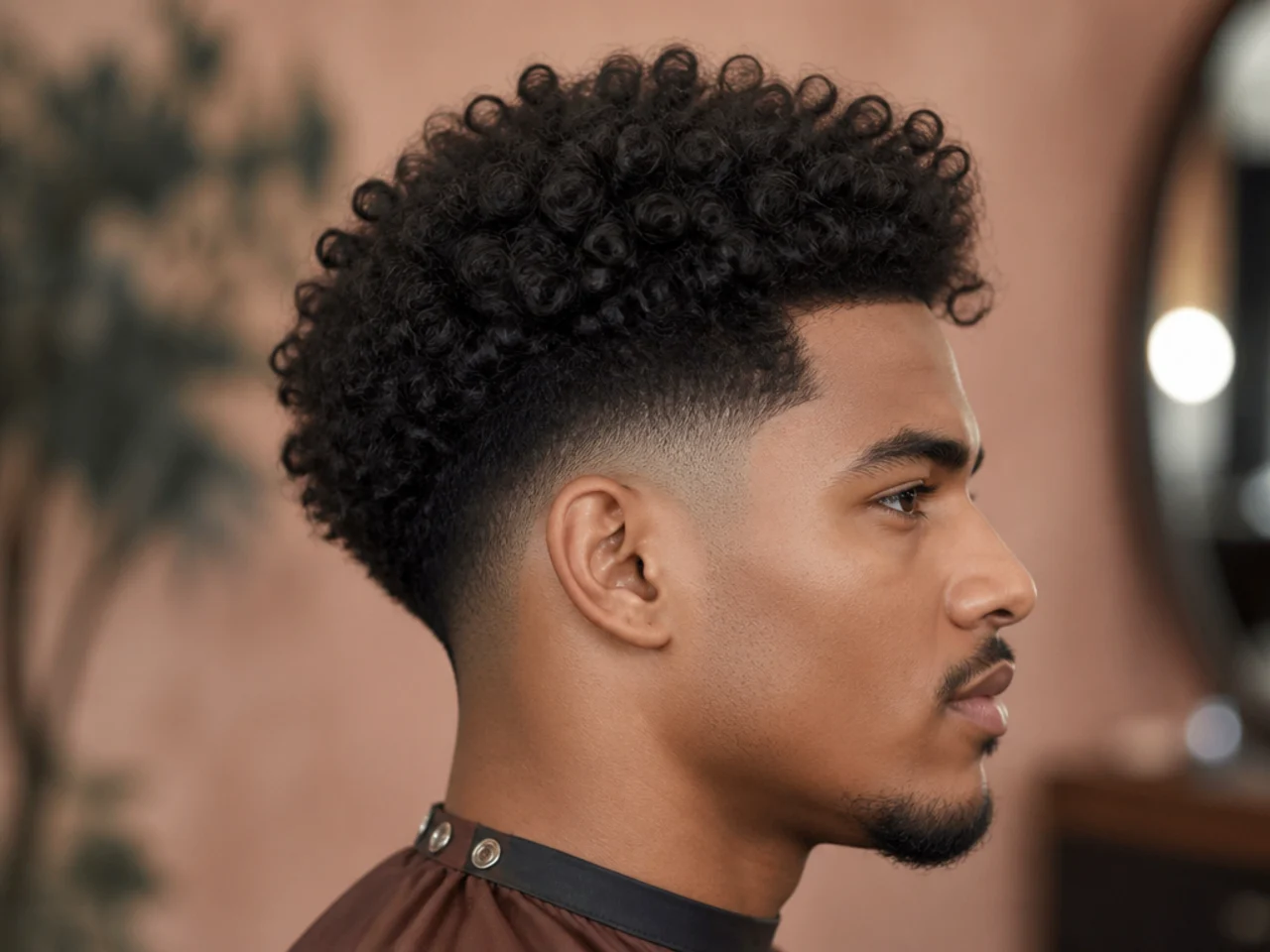 Curly blowout with three inches of 3C hair blown out to fuller volume and a mid taper fade on the sides