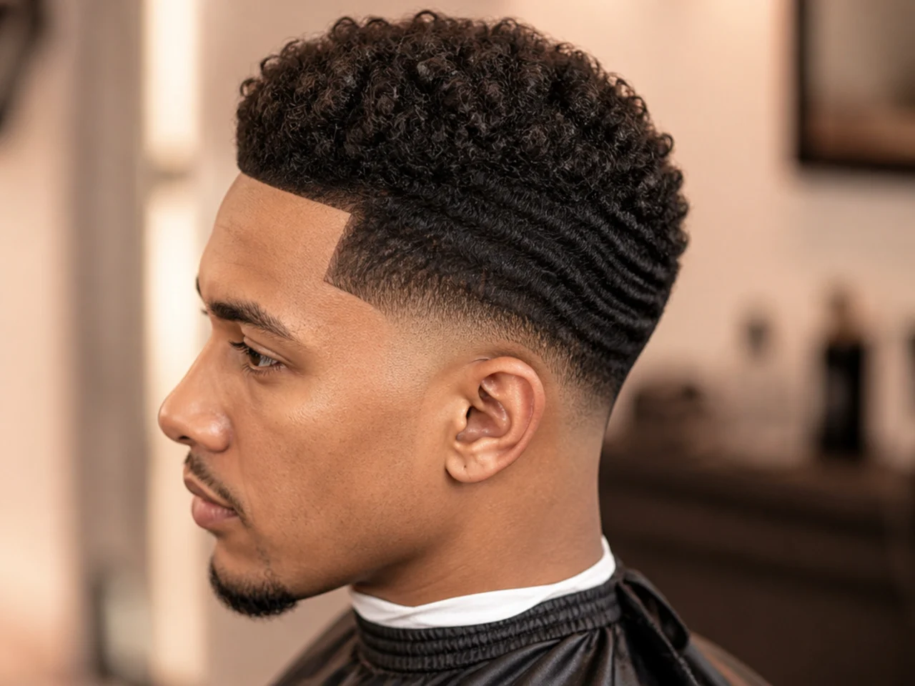 Hybrid style with 360 waves brushed through the sides and front and two and a half inches of curls at the crown with a low taper