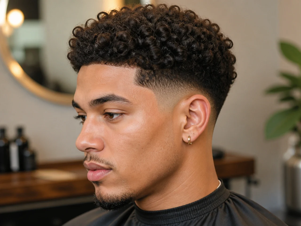 Black man showing a reference photo of a taper fade with curly top to a Black barber before the cut