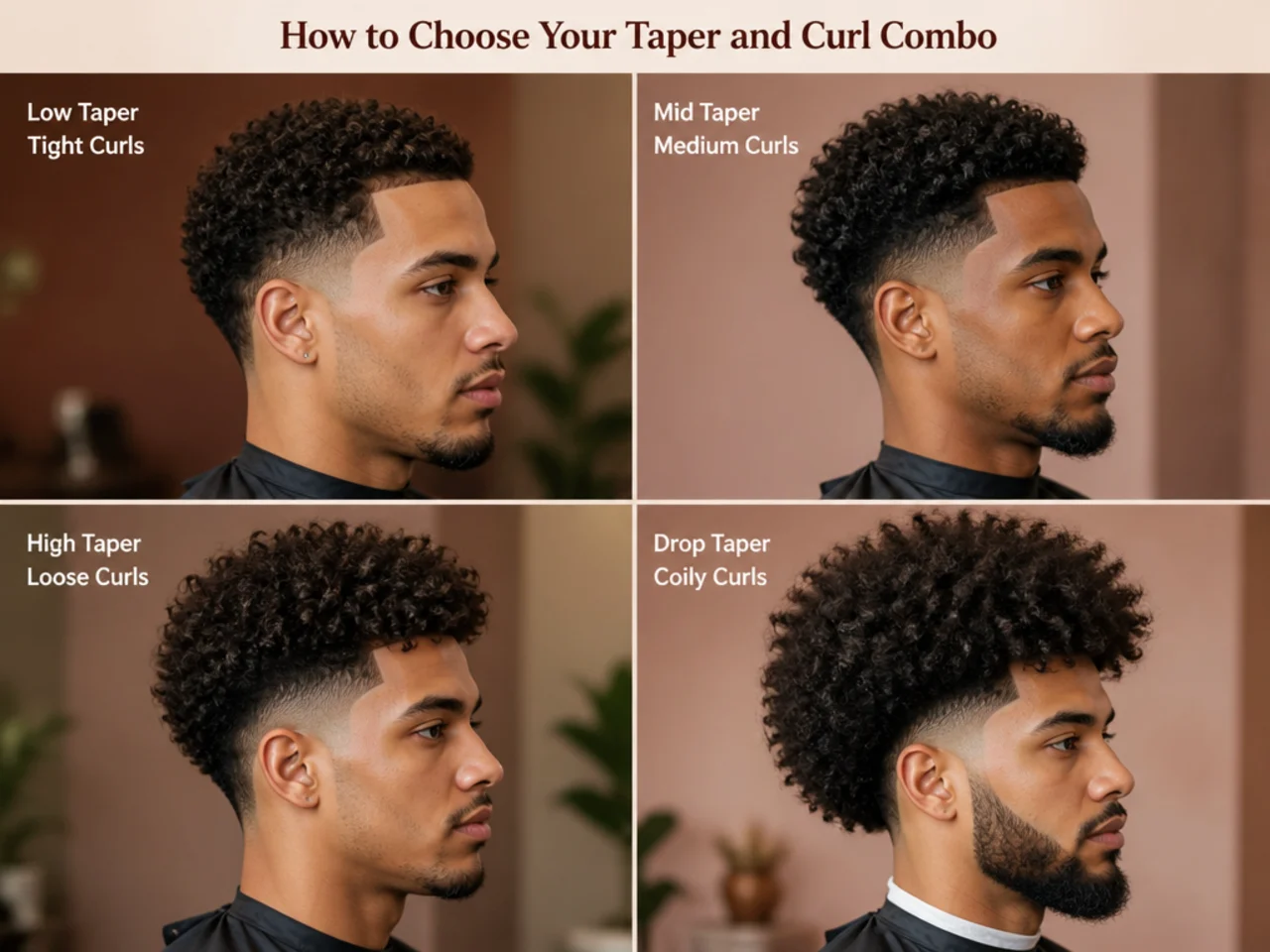 Three Black men side by side showing 3C loose curls, 4A defined coils, and 4B tight coils each paired with a different taper height