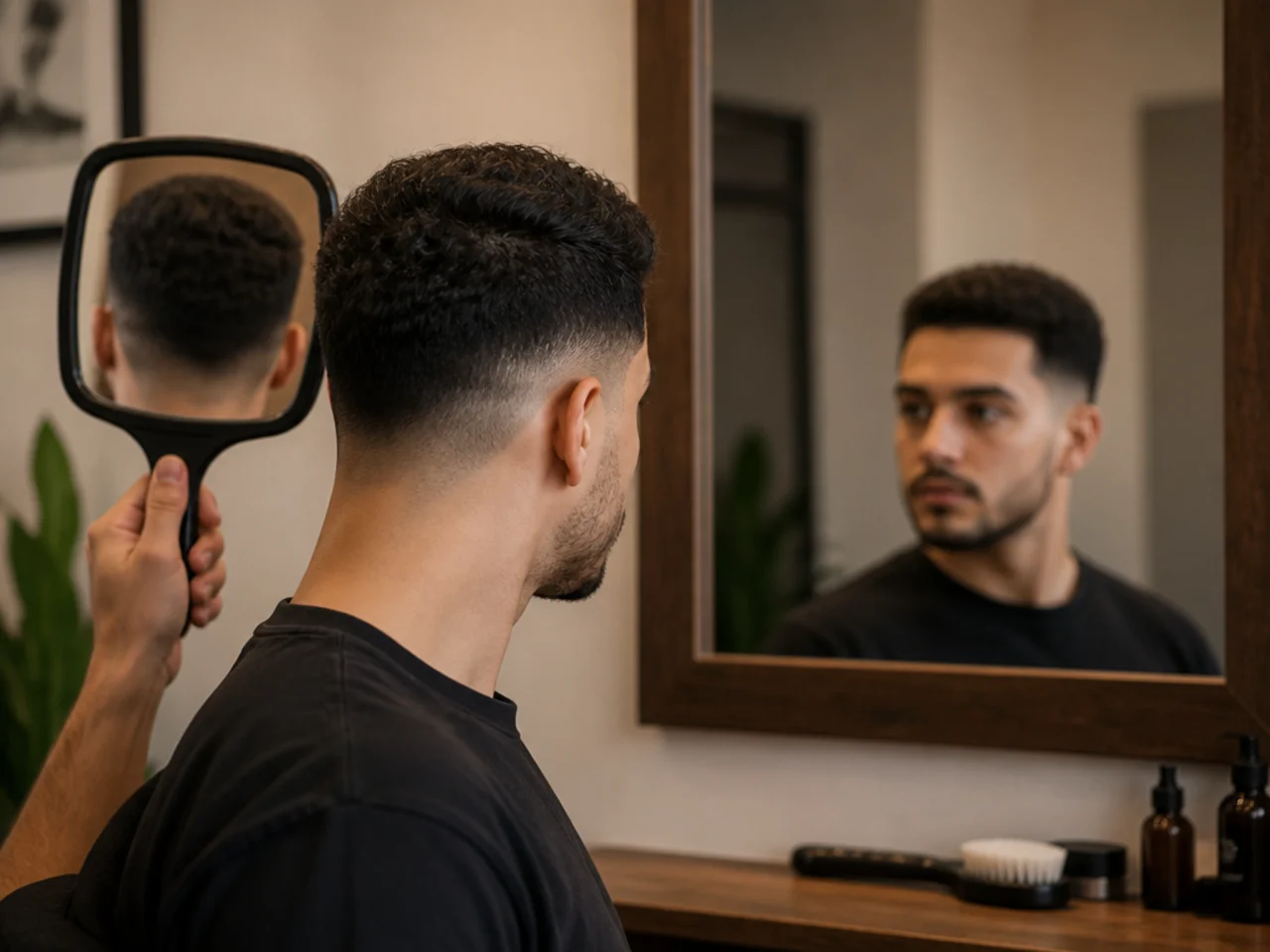 Hand mirror held to view the back of the head in a wall mirror