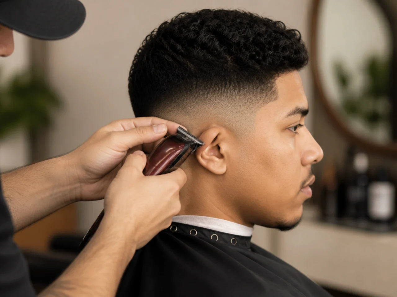 Trimmer tidying the hairline around a folded-down ear